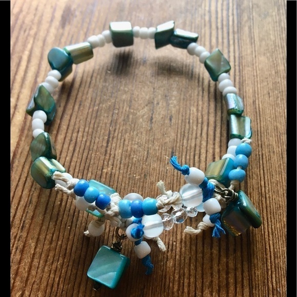 Blue and White Beaded Bangle Bracelet,  Handmade Ladies Bracelet,  Blue … - Picture 3 of 7